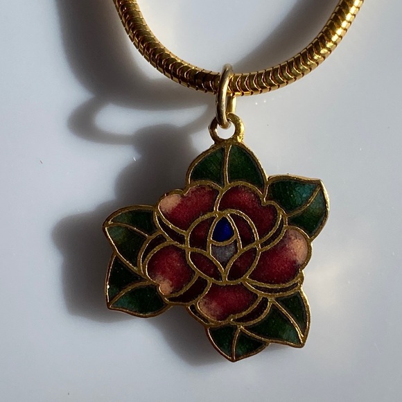 Vintage Gold Floral Enamel Necklace with Pink and Green Accents - Picture 2 of 5